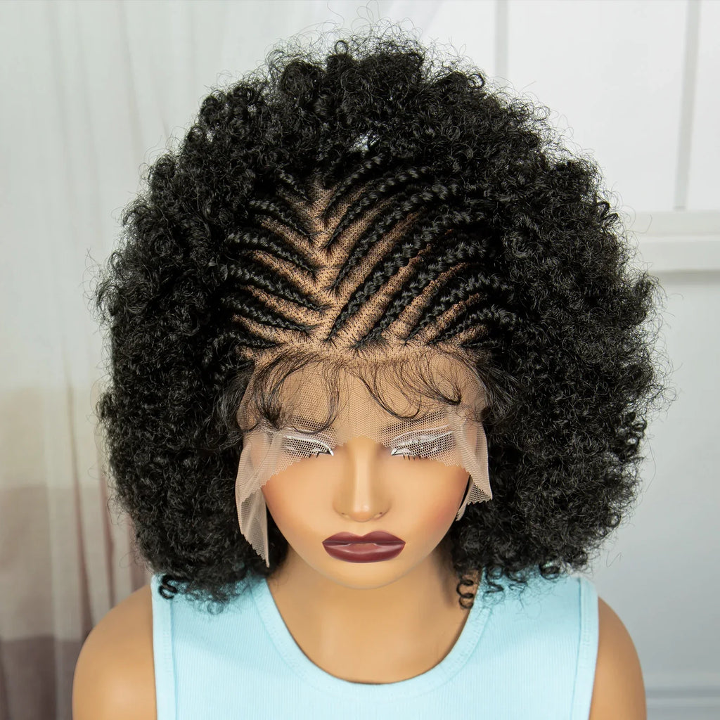 8" Short Afro Kinky Curly Cornrow Braids Wig | Full Lace | Baby Hair