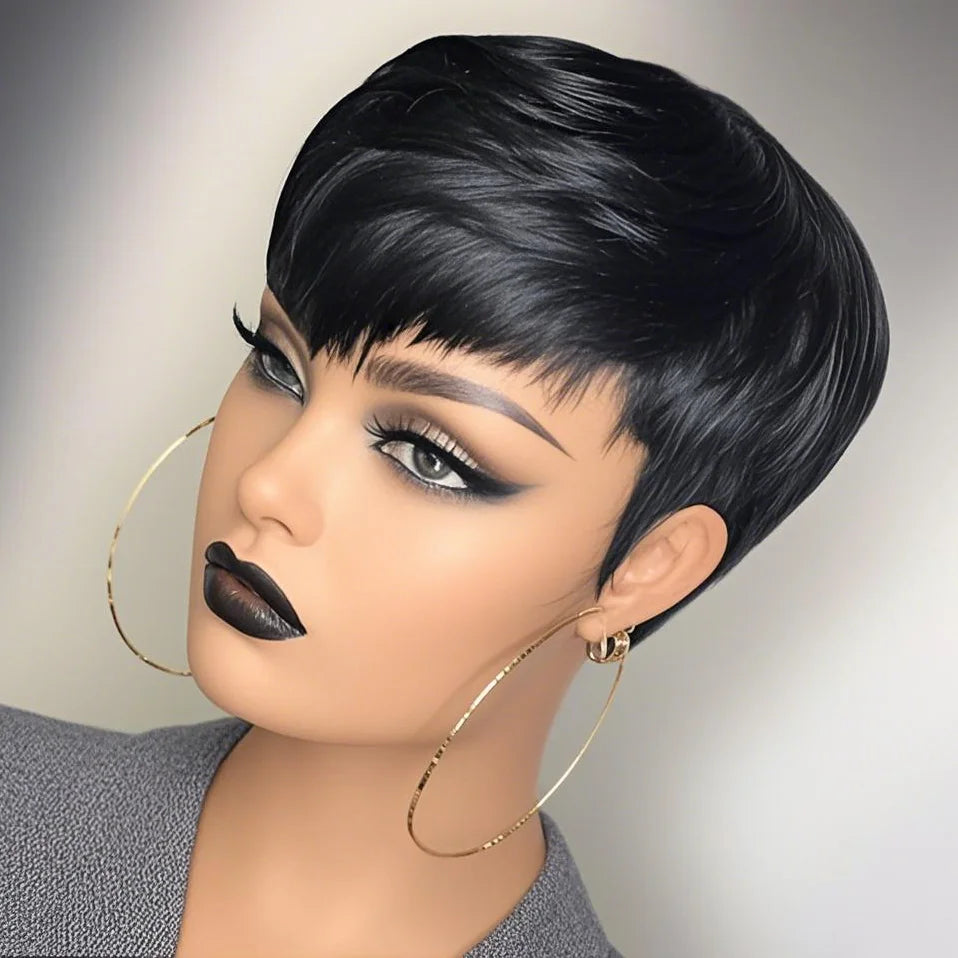 6 Inch Short Pixie Cut Straight Wig | 100% Human Hair for Women (Machine Made, Pre-Styled Bangs, Tangle-Free, Natural Hairline)