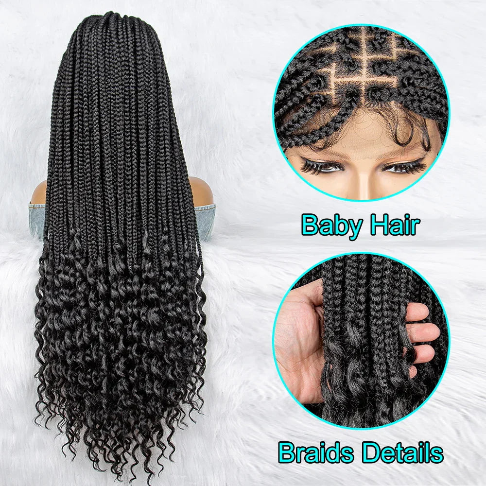 36" Knotless Cornrow Braids Wig | Lace Front with Curly Ends & Baby Hair