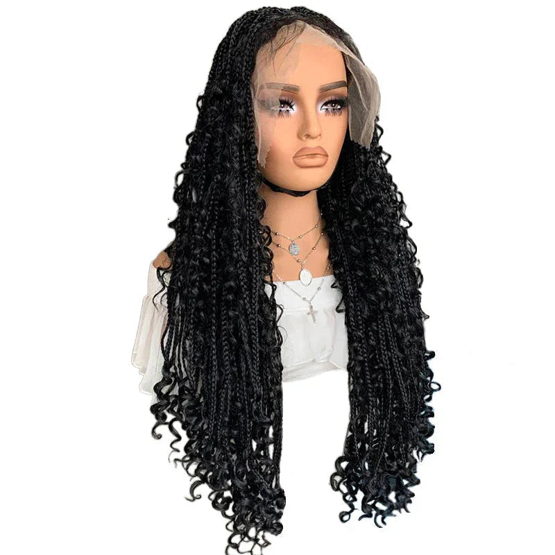 22" Curly End Box Braided Full Lace Front Wig | Goddess Locs | Bohemian Braids | Synthetic Wig