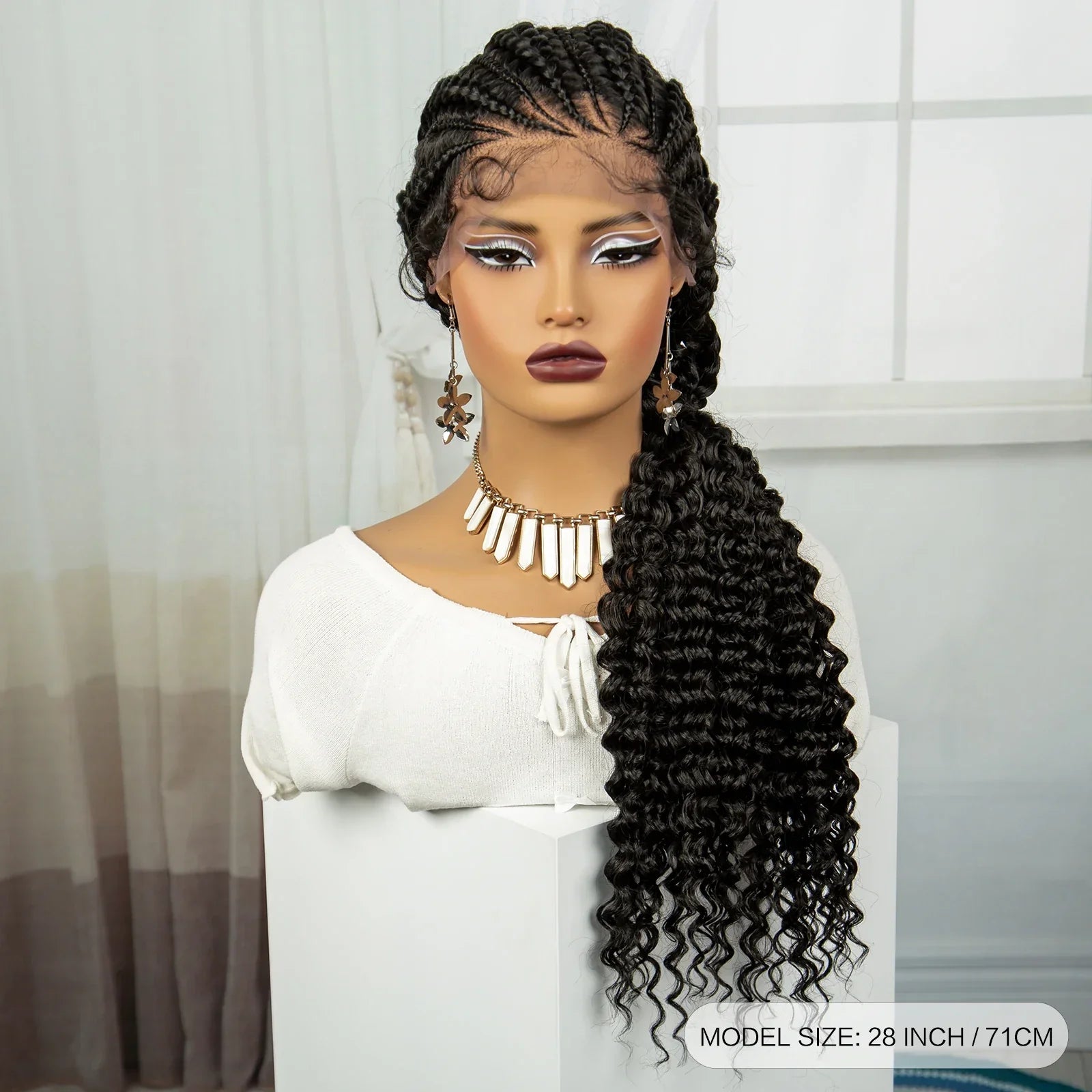 28" Colored Cornrow Braids Wig with Curly Ends | Lace Front | Baby Hair
