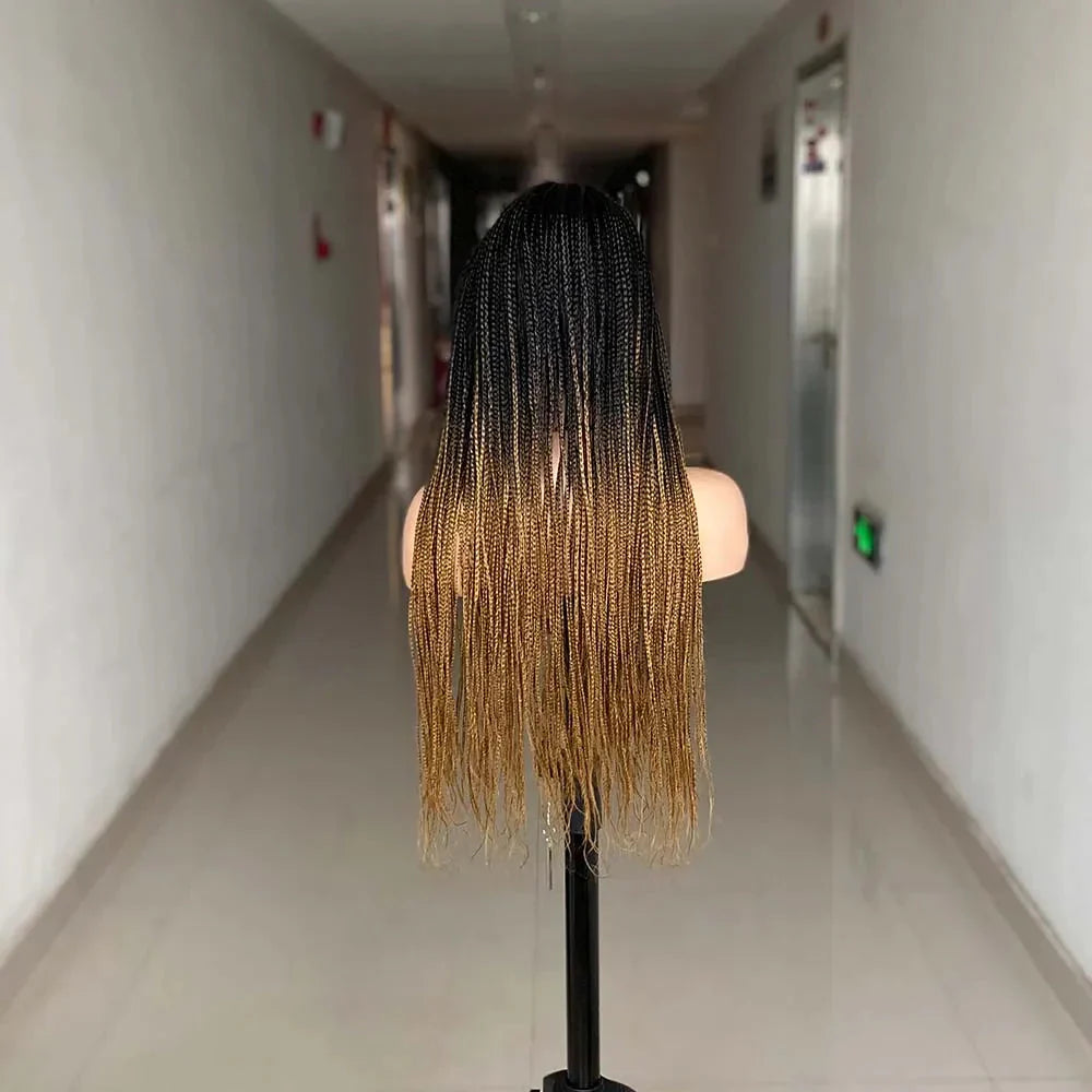 26" Ombre Box Braided Wig | Long Straight Braids | Twist Accents | Synthetic Wig | Cosplay & Daily Wear