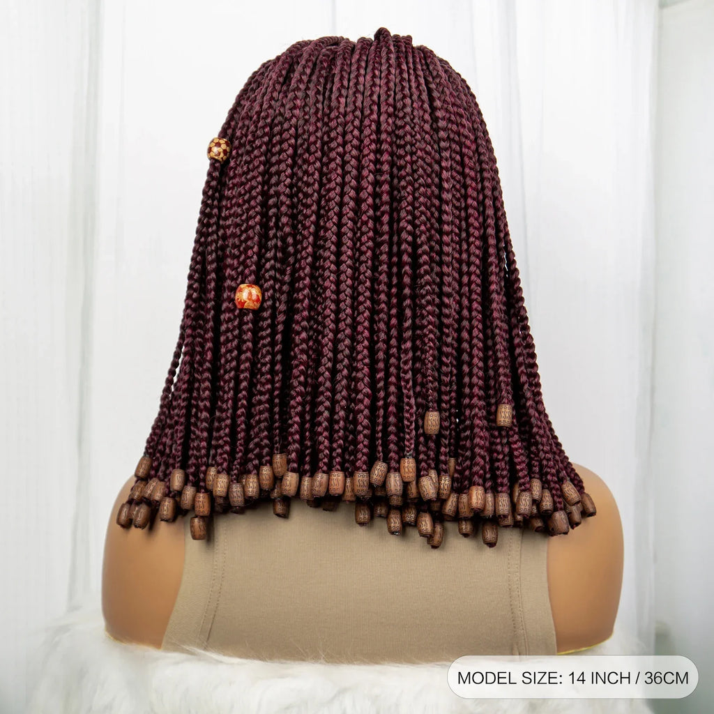 14" Short Bob Box Braided Wig with Beads | Knotless Braids | Synthetic Lace Front Wig | Baby Hair