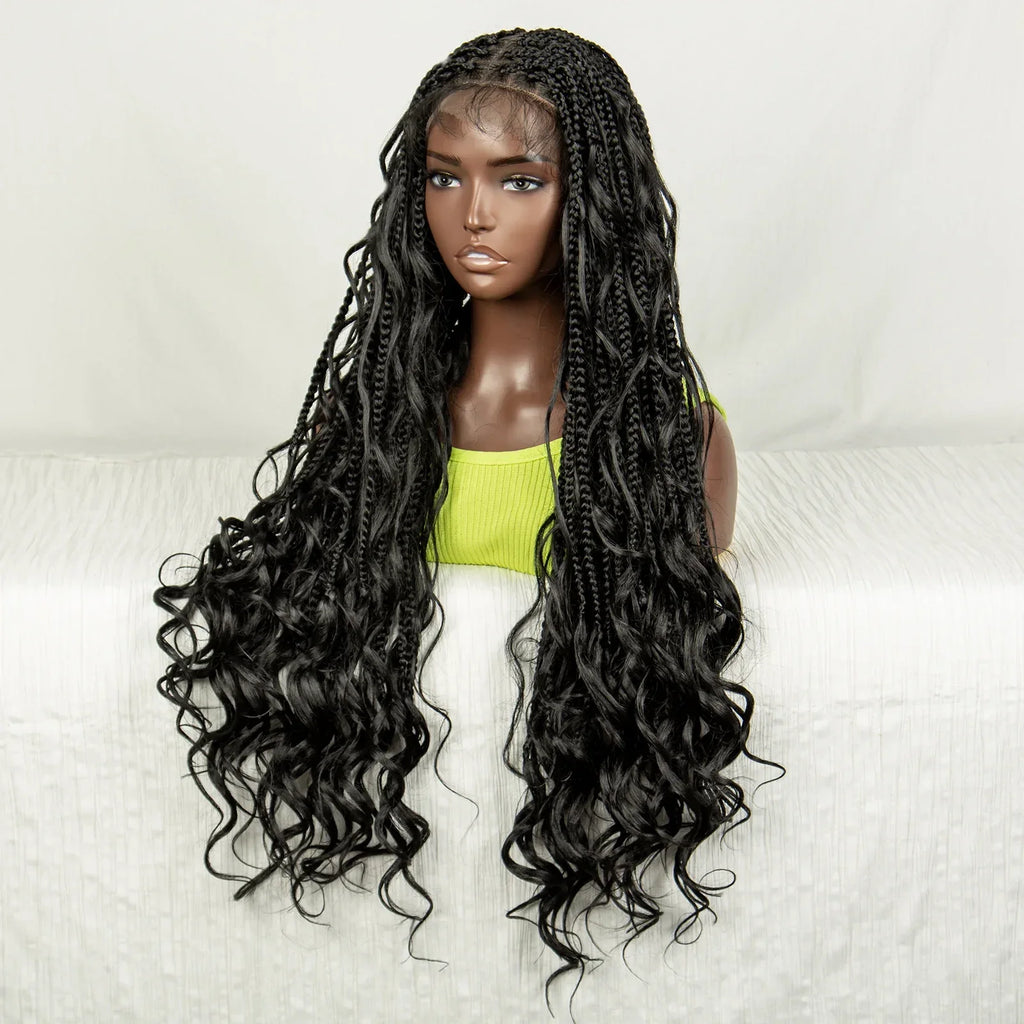 34" Natural Curly Knotless Box Braids Wig | Deep Wave Accents | Full Lace | Baby Hair
