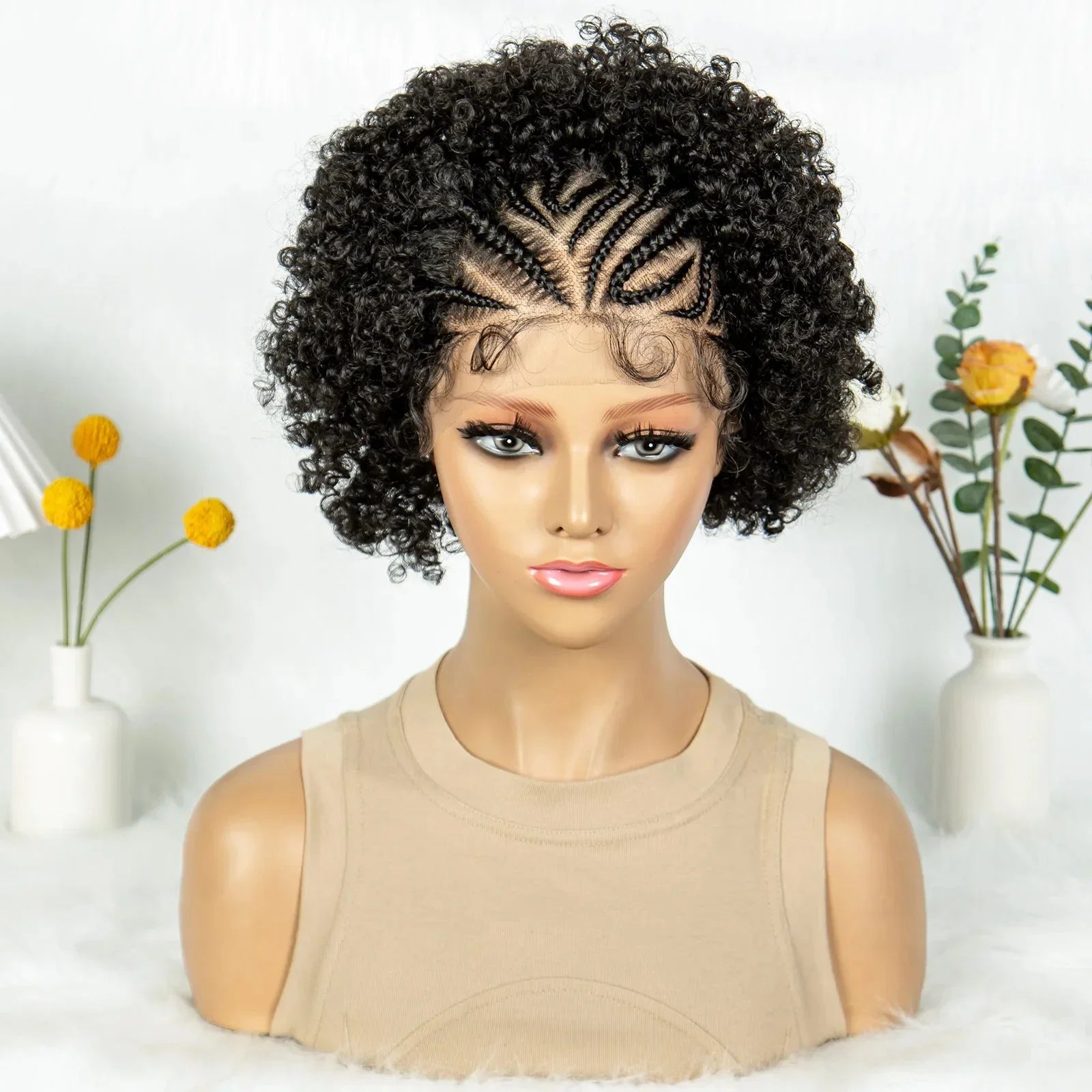 8" Afro Kinky Curly Bob Braided Wig | 13x4 Lace Frontal | Half Cornrows | Synthetic Braids for Black Women
