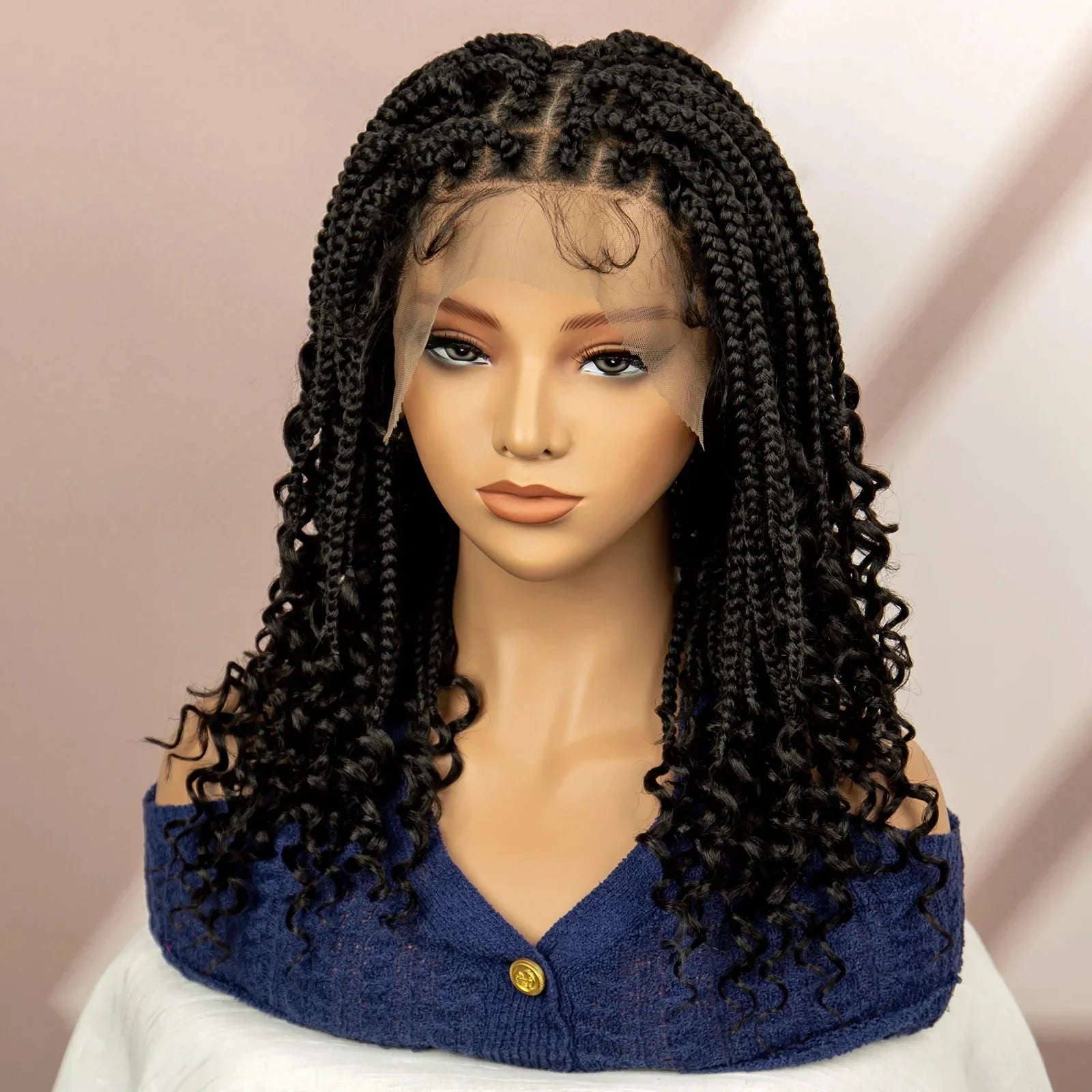 16" Short Brown Box Braided Full Lace Wig | Curly Ends | African Braids | Black Women