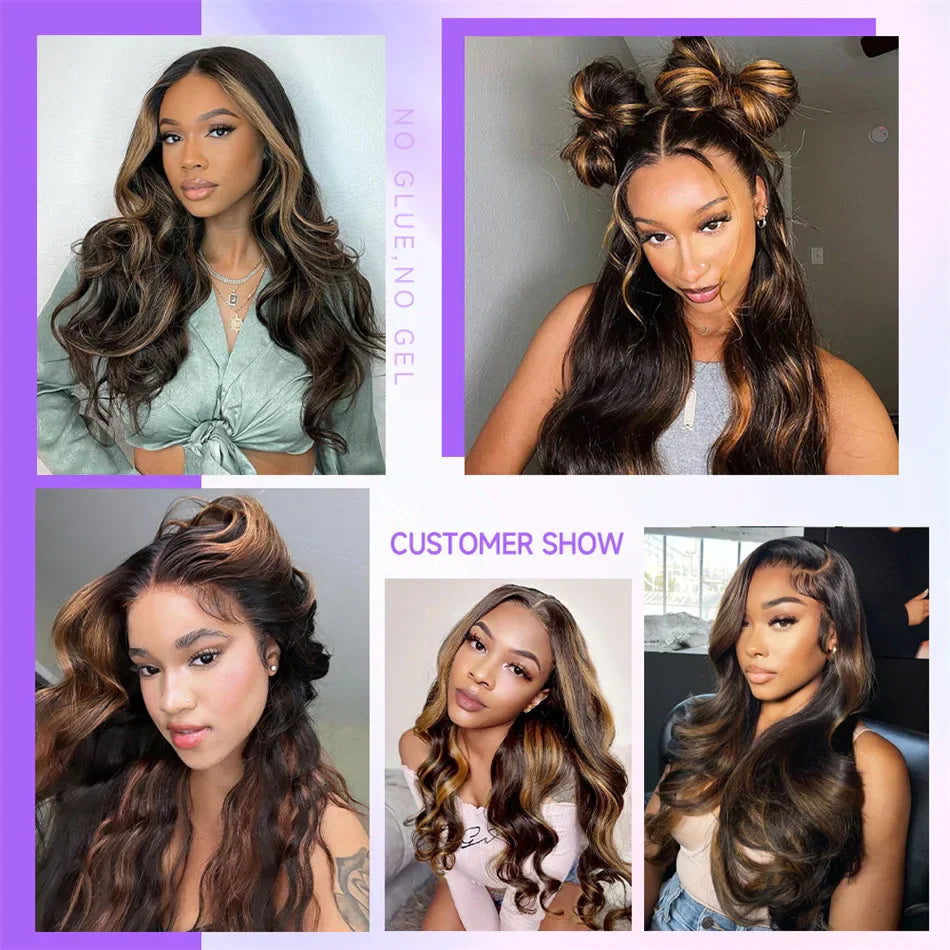 30 Inch Honey Blonde Highlight Body Wave Wig | 13x4 Transparent Lace Front Brazilian Human Hair