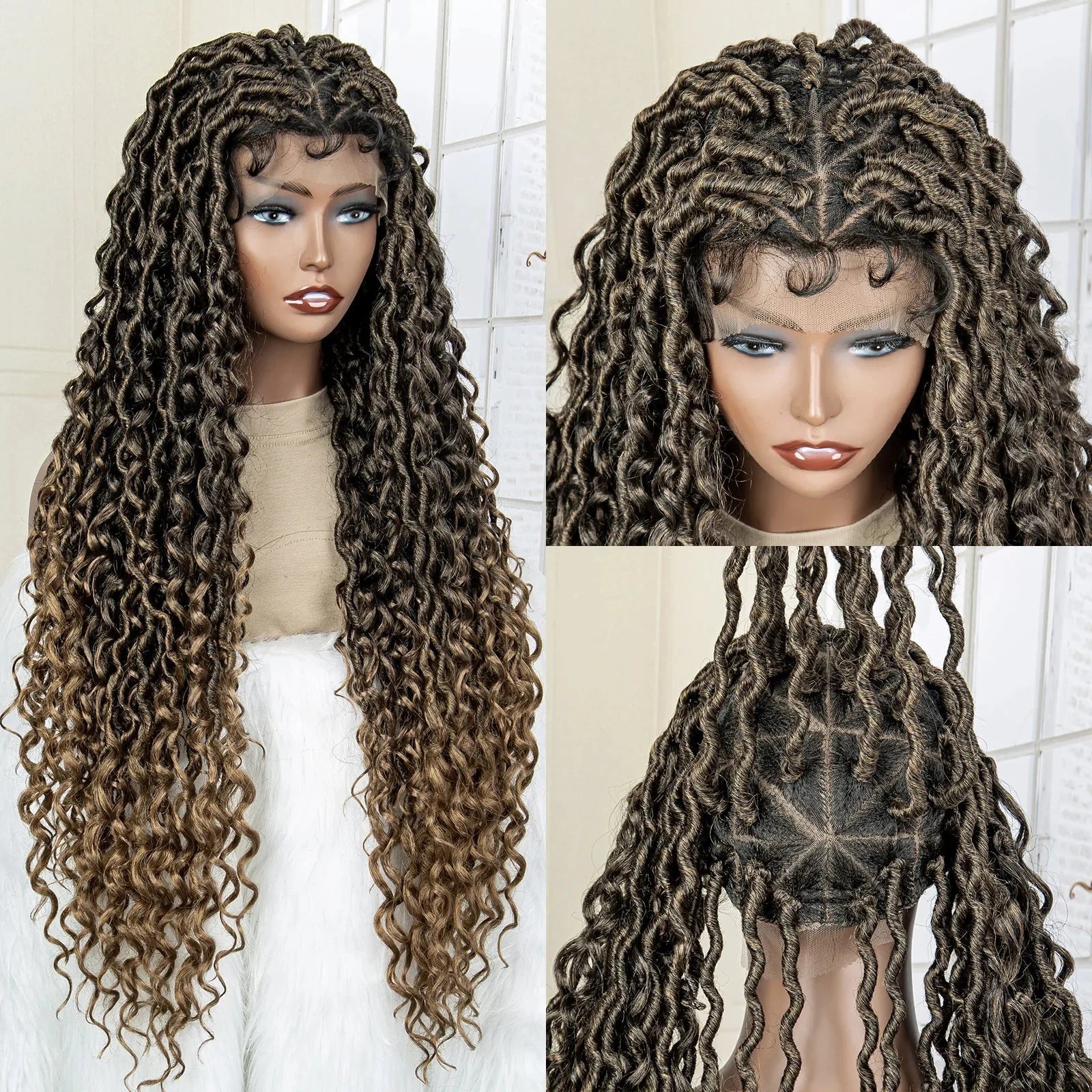 36" Knotless Dreadlock Braided Full Lace Wig | Curly Ends | Synthetic Locs Braids | Black Women