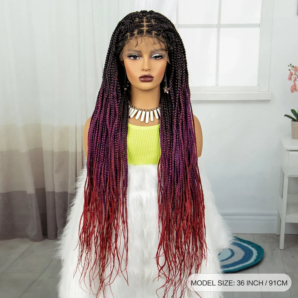 36" Purple & Blonde Knotless Box Braids Wig | Lace Front | Baby Hair