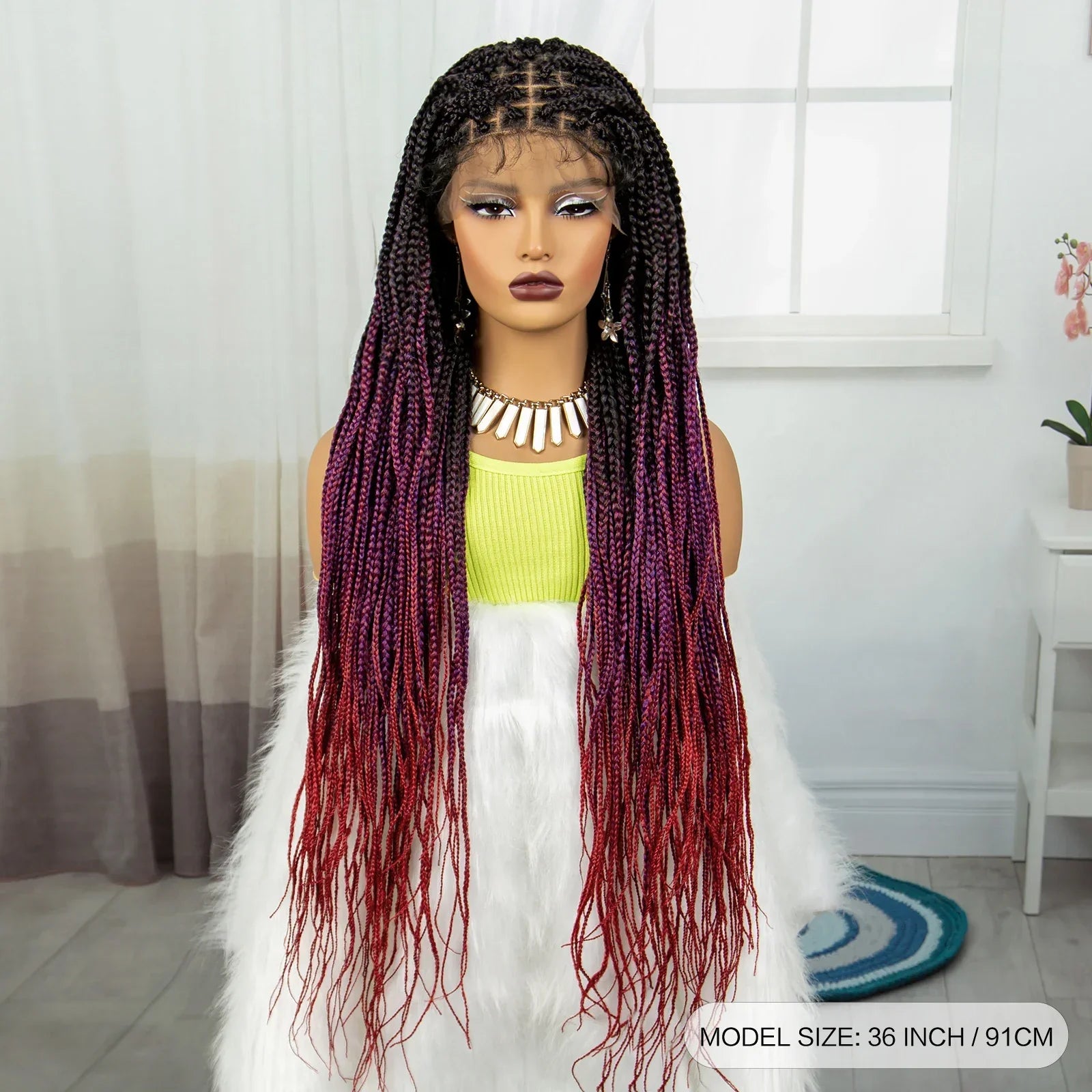 36" Purple & Blonde Knotless Box Braids Wig | Lace Front | Baby Hair