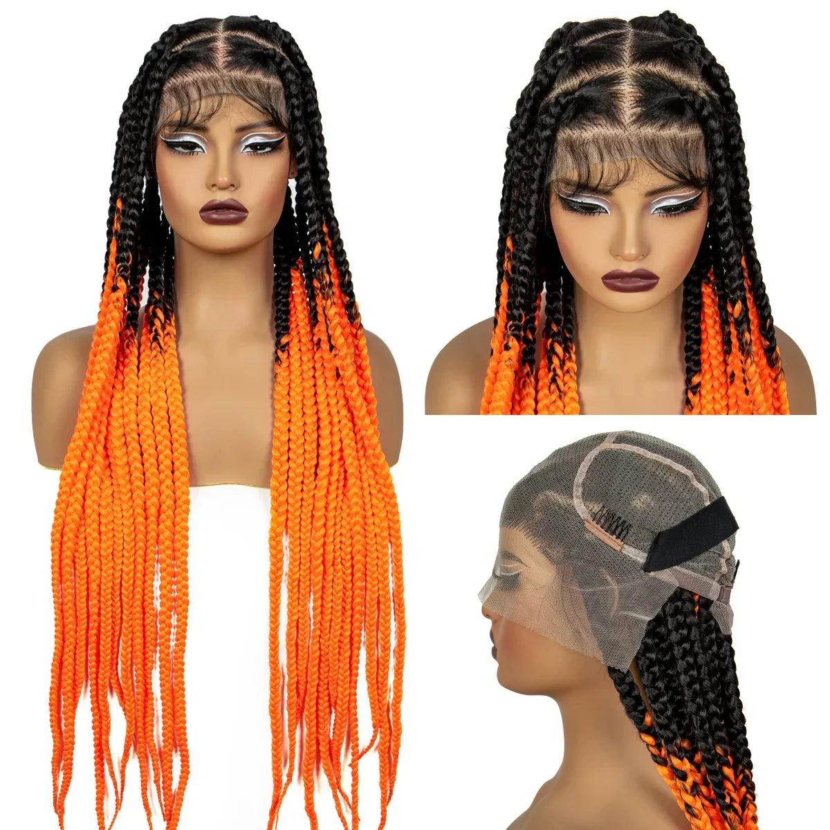 36" Orange Knotless Box Braids Wig | Transparent Full Lace | Baby Hair