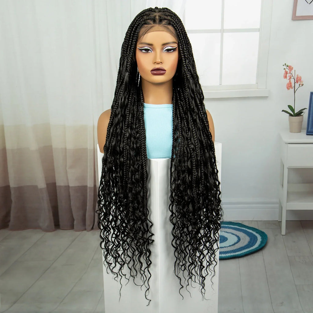 36" Ombre Boho Knotless Braids Wig | Curly Ends | HD Full Lace | Baby Hair