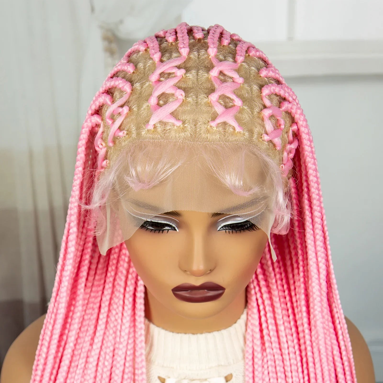 36" Pink Knotless Cornrow Braids Wig | Transparent Full Lace | Baby Hair