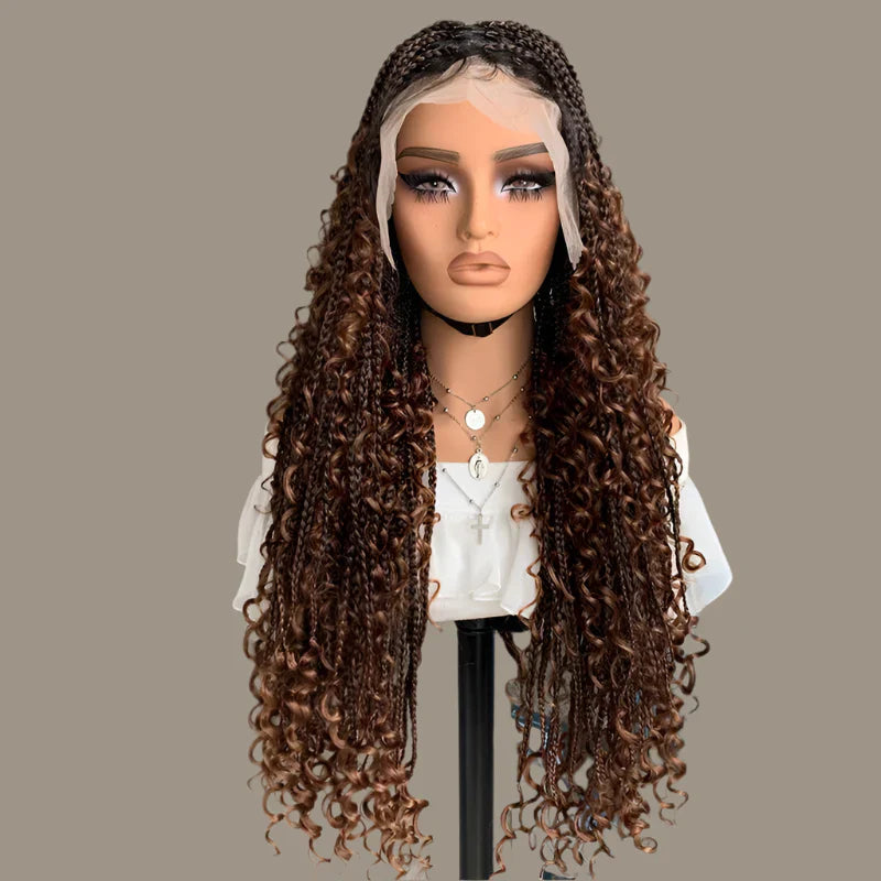 22" Curly End Box Braided Full Lace Front Wig | Goddess Locs | Bohemian Braids | Synthetic Wig