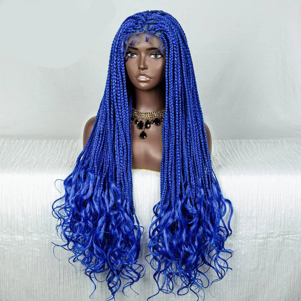 36" Blue Knotless Box Braids Lace Front Wig | Baby Hair | Crochet Braids | Black Women