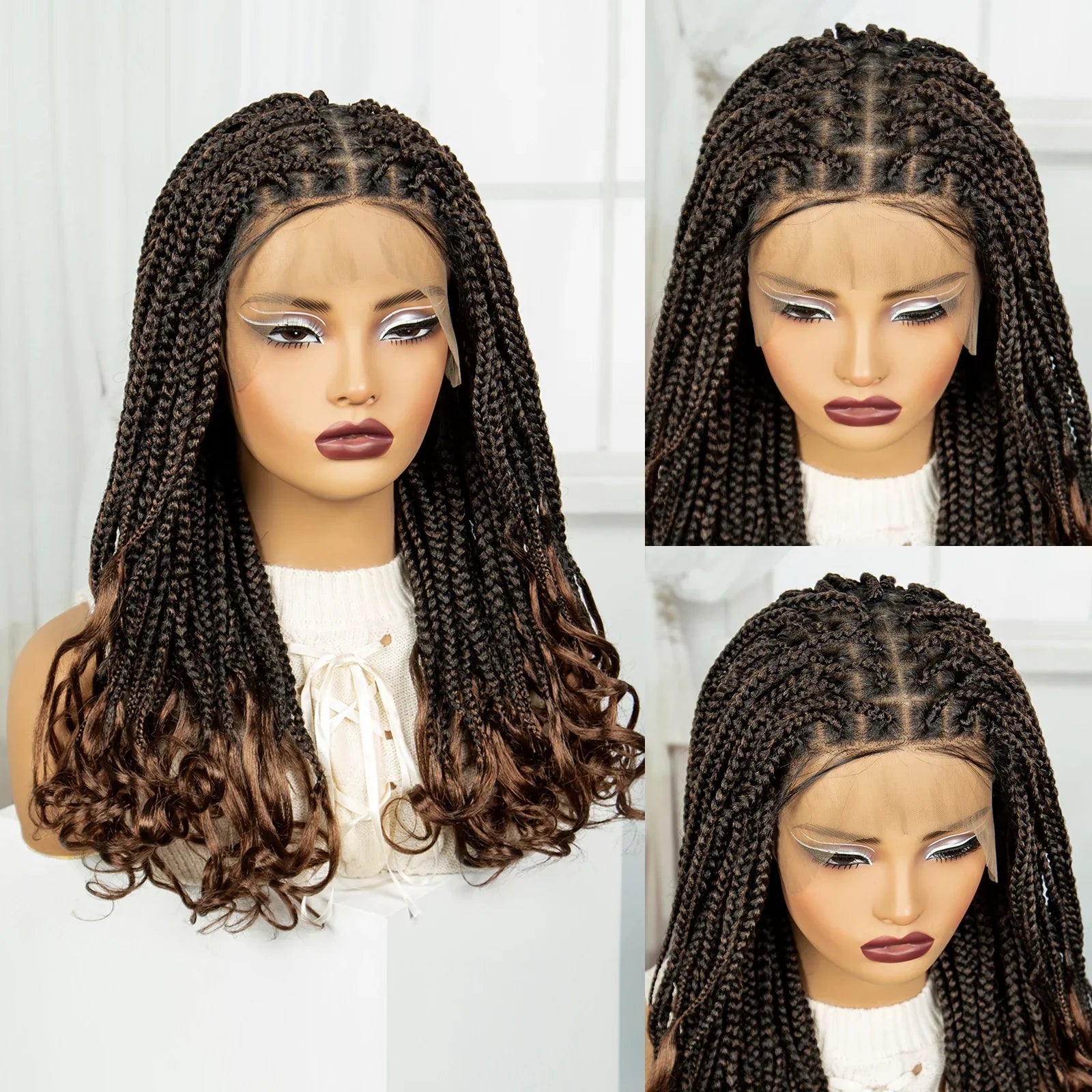 22" 1B/30 Ombre Knotless Braids Wig | Wavy Ends | Full Lace Boho Style