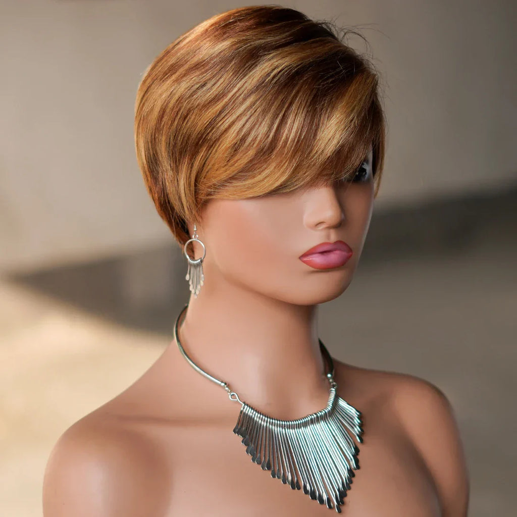 6 Inch Pixie Cut Human Hair Wig with Bangs | P4/27 Natural Highlight | Short Straight Remy Hair
