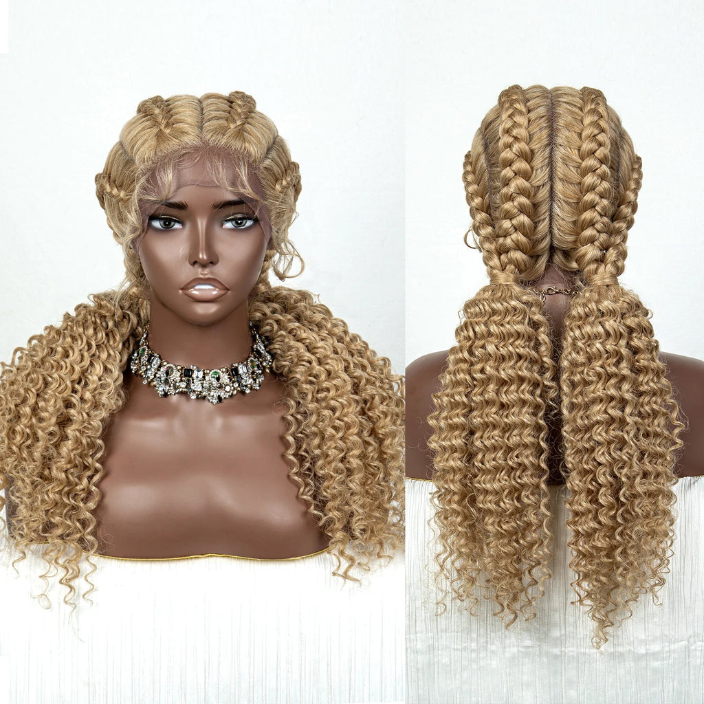22" Box Braids Full Lace Wig | Two Curly Ponytails | Baby Hair | Synthetic Braided Wig