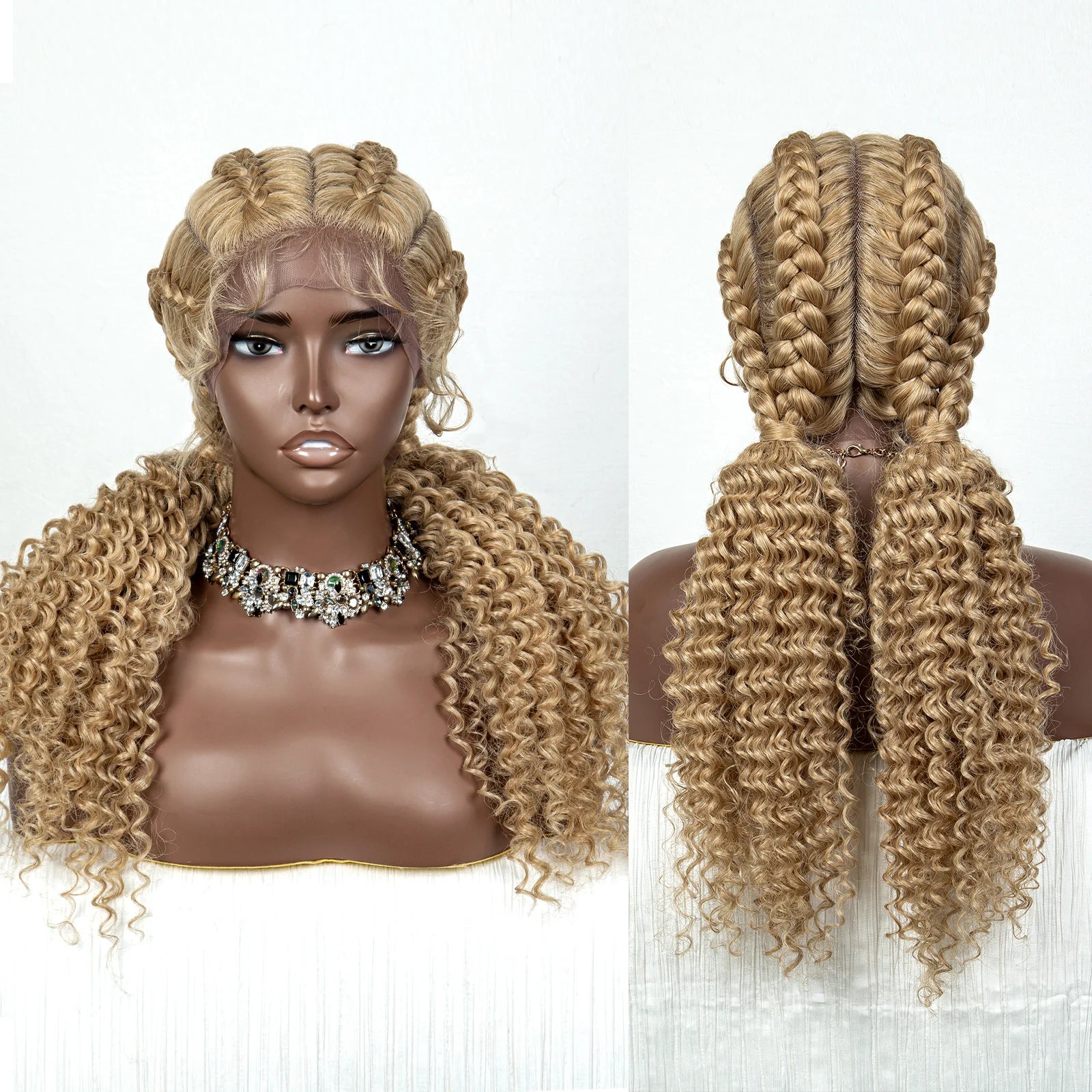 22" Box Braids Full Lace Wig | Two Curly Ponytails | Baby Hair | Synthetic Braided Wig