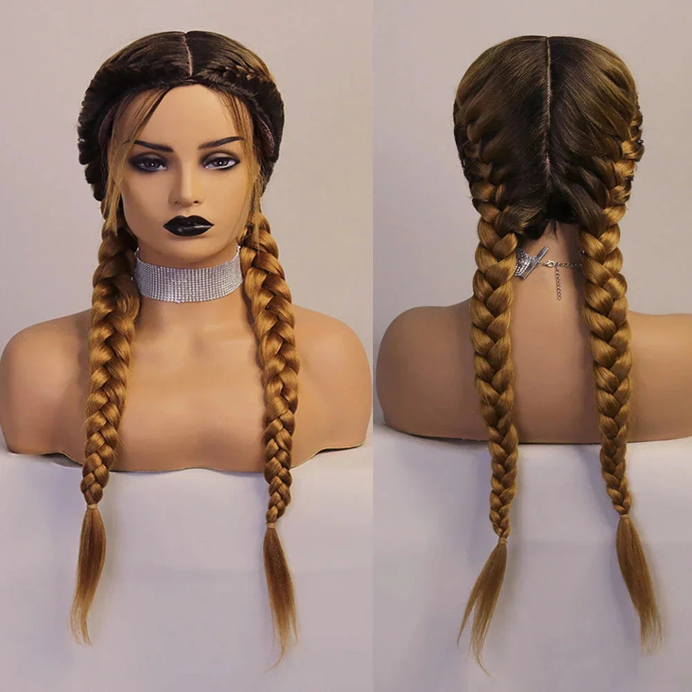 26" Black & Honey Blonde Box Braided Wig | Heat Resistant Synthetic Wig | Cosplay & Daily Wear | Machine Made