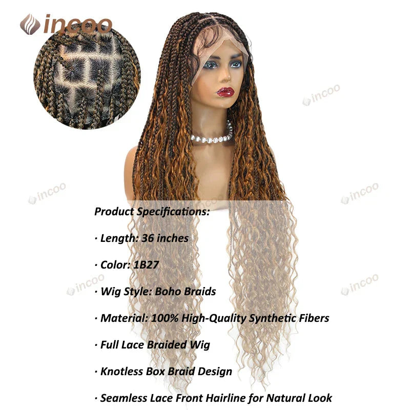 36" Boho Curly Box Braided Lace Wig | Knotless Cornrows | Synthetic Braids for Black Women