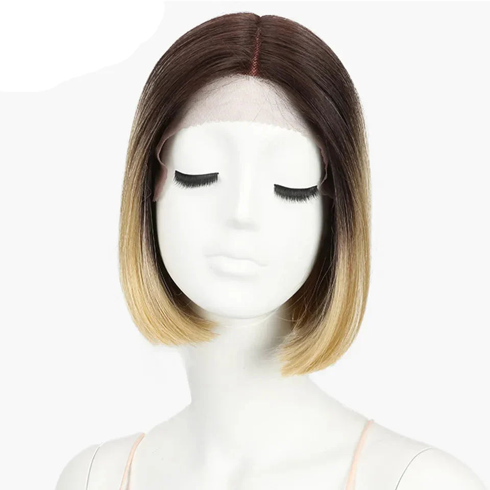 10 Inch Ombre Brown Straight Short Bob Wig | Synthetic Lace Front Wigs for Women (Heat Resistant Fiber, Cosplay & Daily Use)