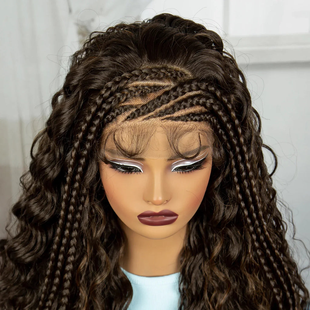 26" Water Wave Knotless Box Braided Wig with Baby Hair | Synthetic Lace Braided Wig for Black Women | 4-30 Ombre