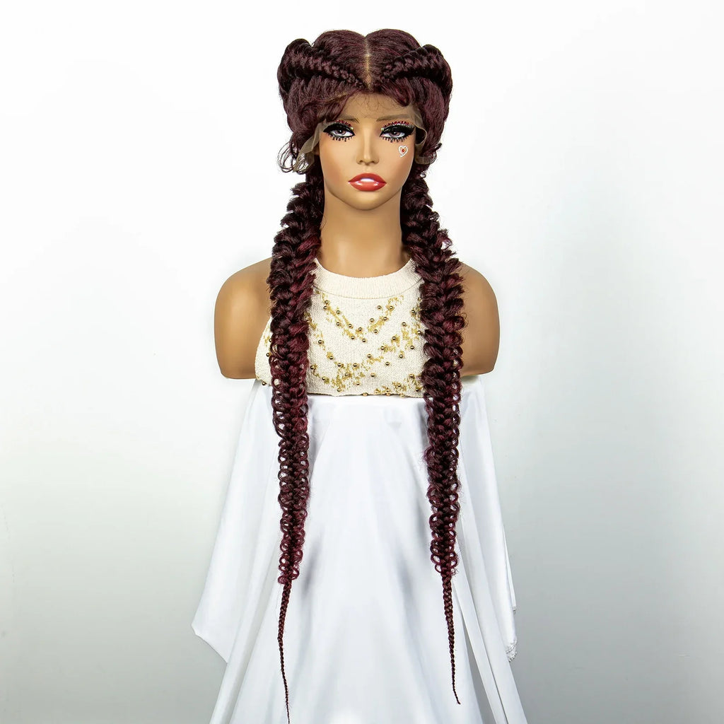 1B/30 Dark Brown Dutch Box Braids Wig | Synthetic Lace Frontal | Fishtail Braids | With Baby Hair | For Black Women