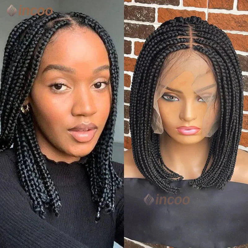 10" Short Bob Box Braided Wig | 360 Full Lace | Cornrow Accents | Synthetic Braids for Black Women