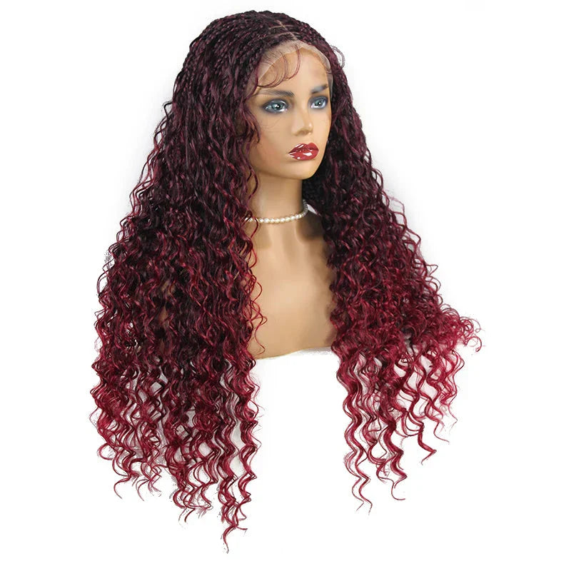 24" Boho Box Braids Lace Frontal Wig | Deep Wave Goddess Braids | Curly Ends | Black Full Lace Synthetic Wig