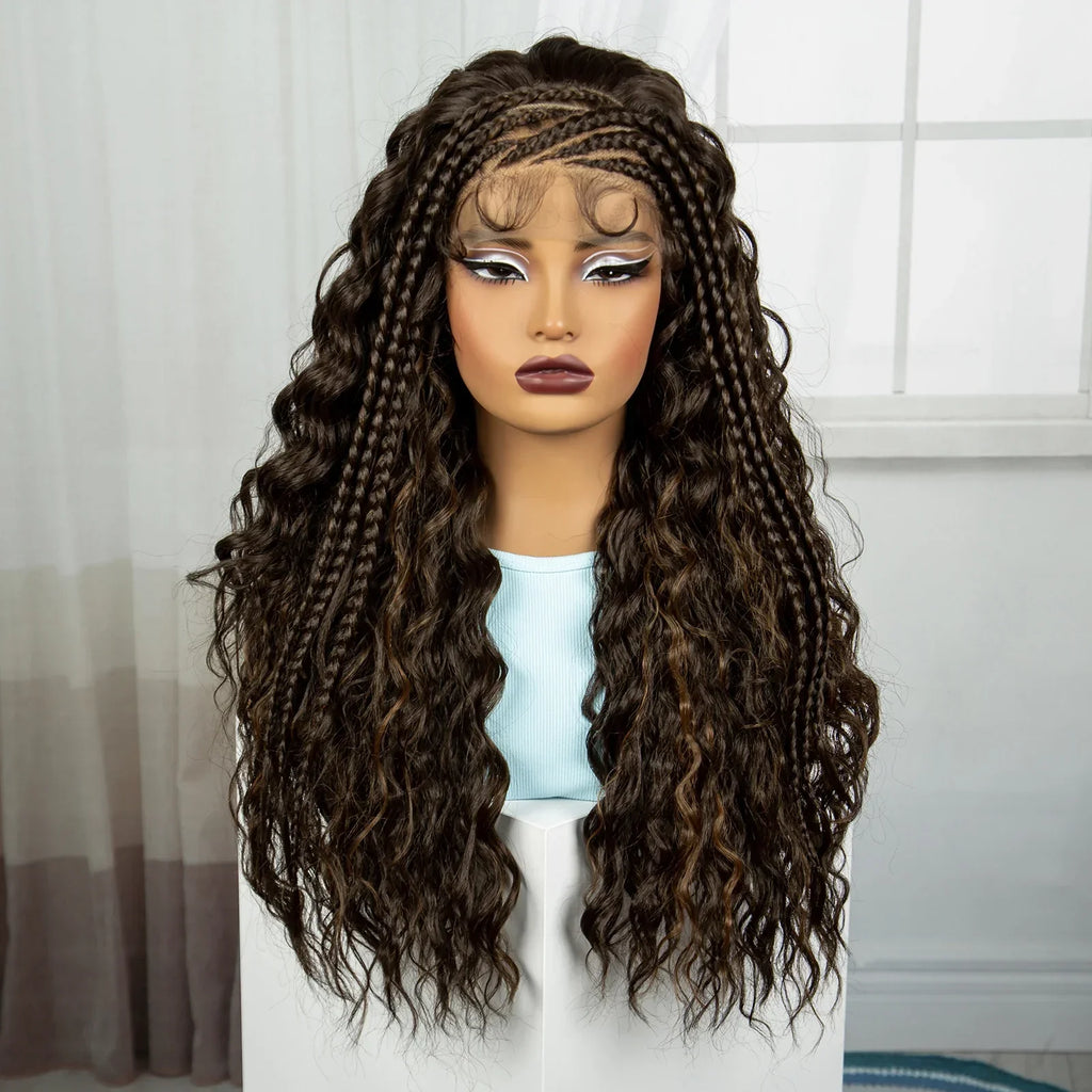 26" Water Wave Knotless Box Braided Wig with Baby Hair | Synthetic Lace Braided Wig for Black Women | 4-30 Ombre