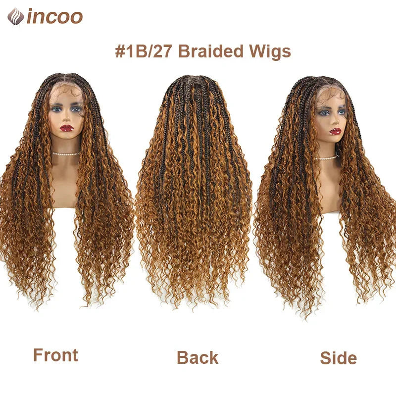 613 Blonde Boho Box Braids Wig | Curly Ends | Full Lace Front | Goddess Locs Accents
