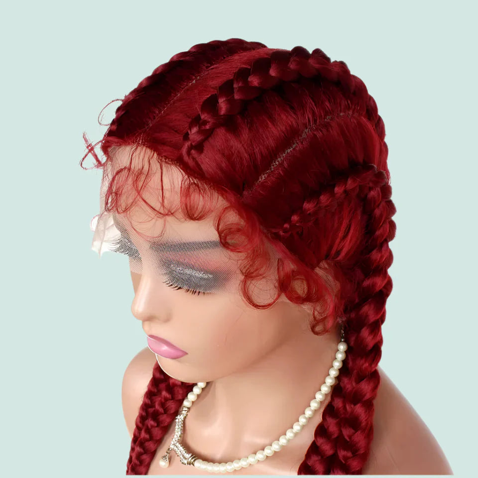 99J Burgundy Box Braids Wig | 360 Lace Braided Wig | 4 Braids | Synthetic Hair