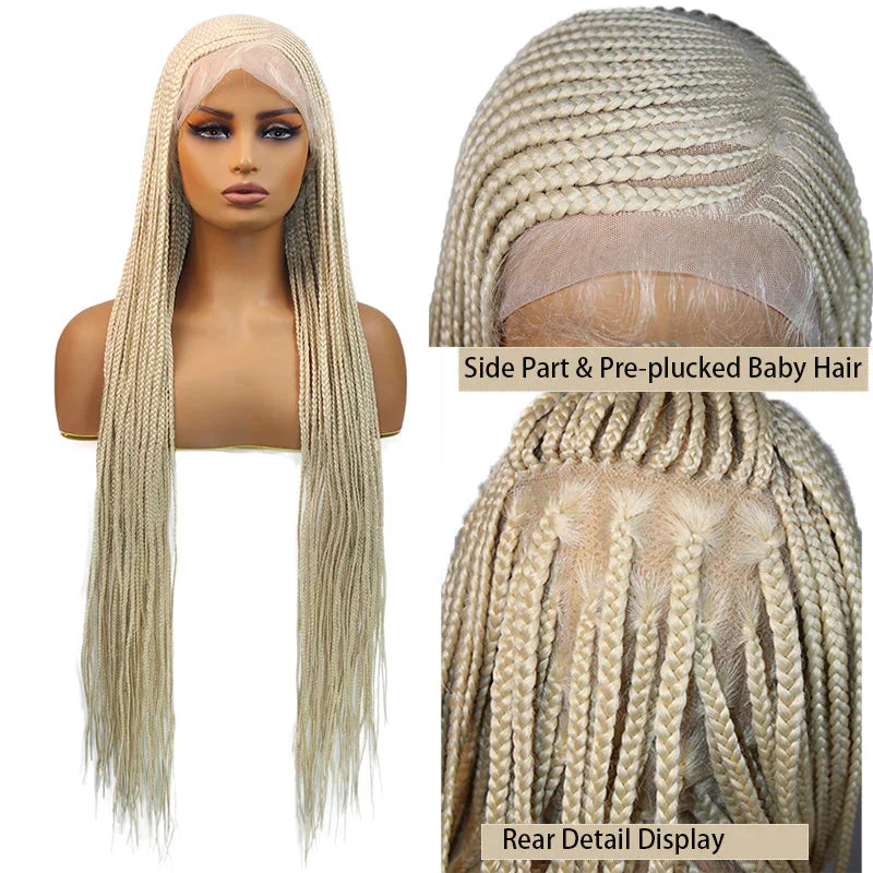 36" Blonde Cornrow Box Braided Wig | 613 Synthetic | Full Lace Front | Side Part | For Women