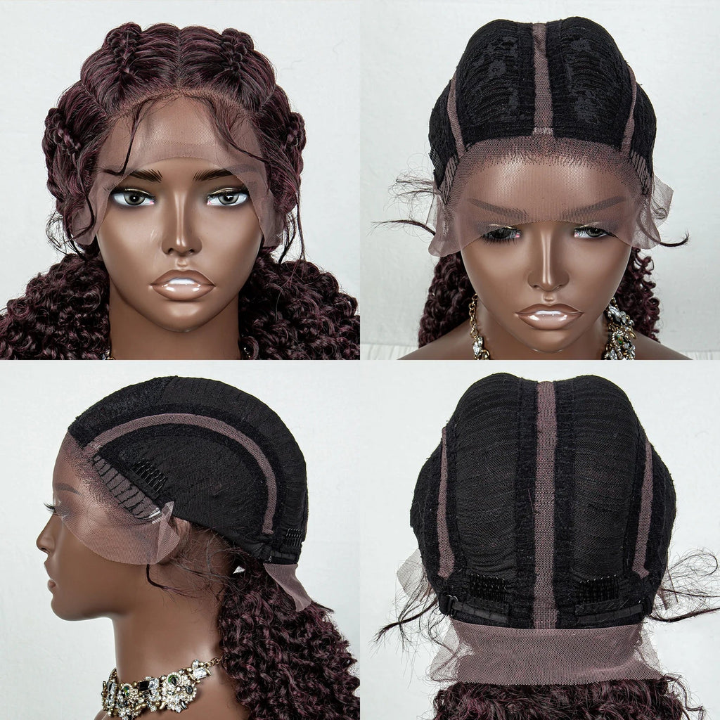 22" Box Braids Full Lace Wig | Two Curly Ponytails | Baby Hair | Synthetic Braided Wig