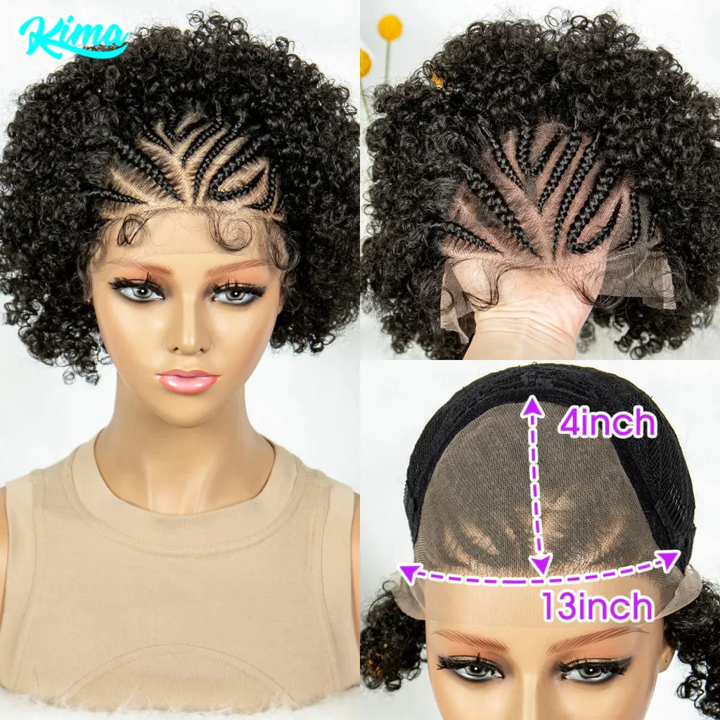 8" Afro Kinky Curly Bob Braided Wig | 13x4 Lace Frontal | Half Cornrows | Synthetic Braids for Black Women