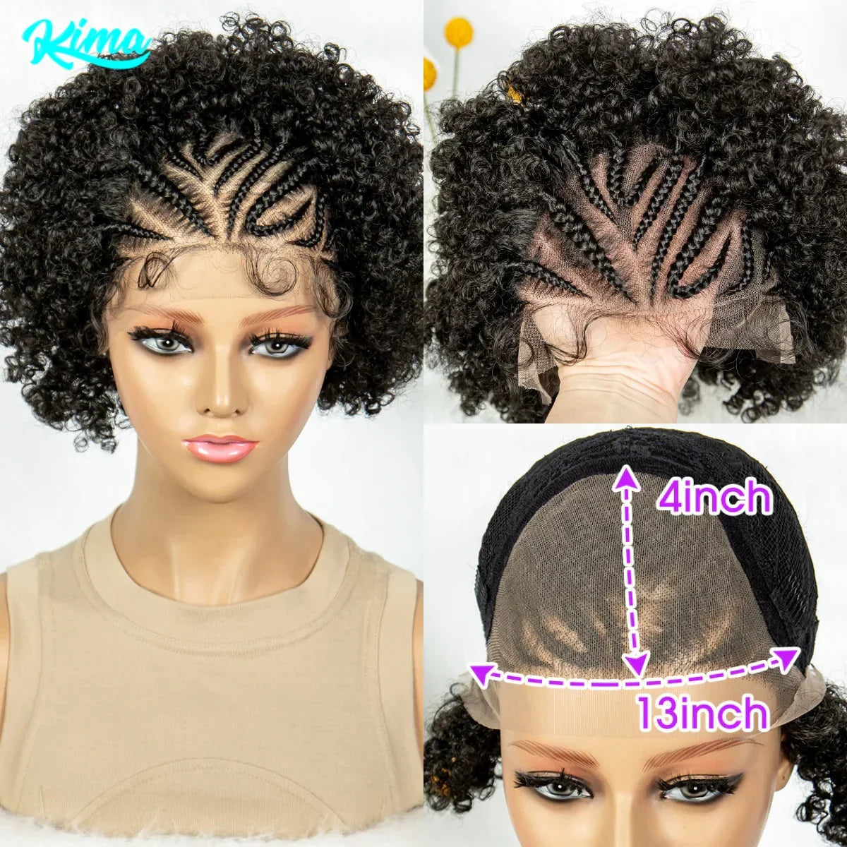 8" Afro Kinky Curly Bob Braided Wig | 13x4 Lace Frontal | Half Cornrows | Synthetic Braids for Black Women