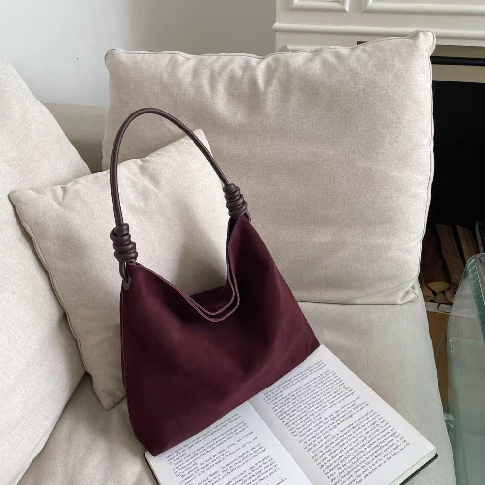 All-Match Chamois Matte Suede Cowhide Leather Tote | Large Capacity Designer Maillard Dressing Coffee Winter Ladies Handbag