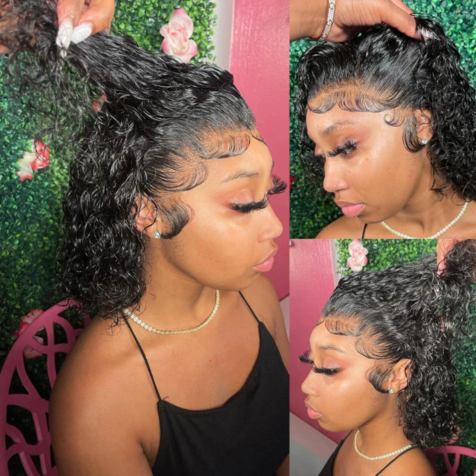 16 Inch Loose Water Wave Malaysian 13x4 Lace Front Wig Short Bob Wet & Wavy Glueless 4x4 Closure