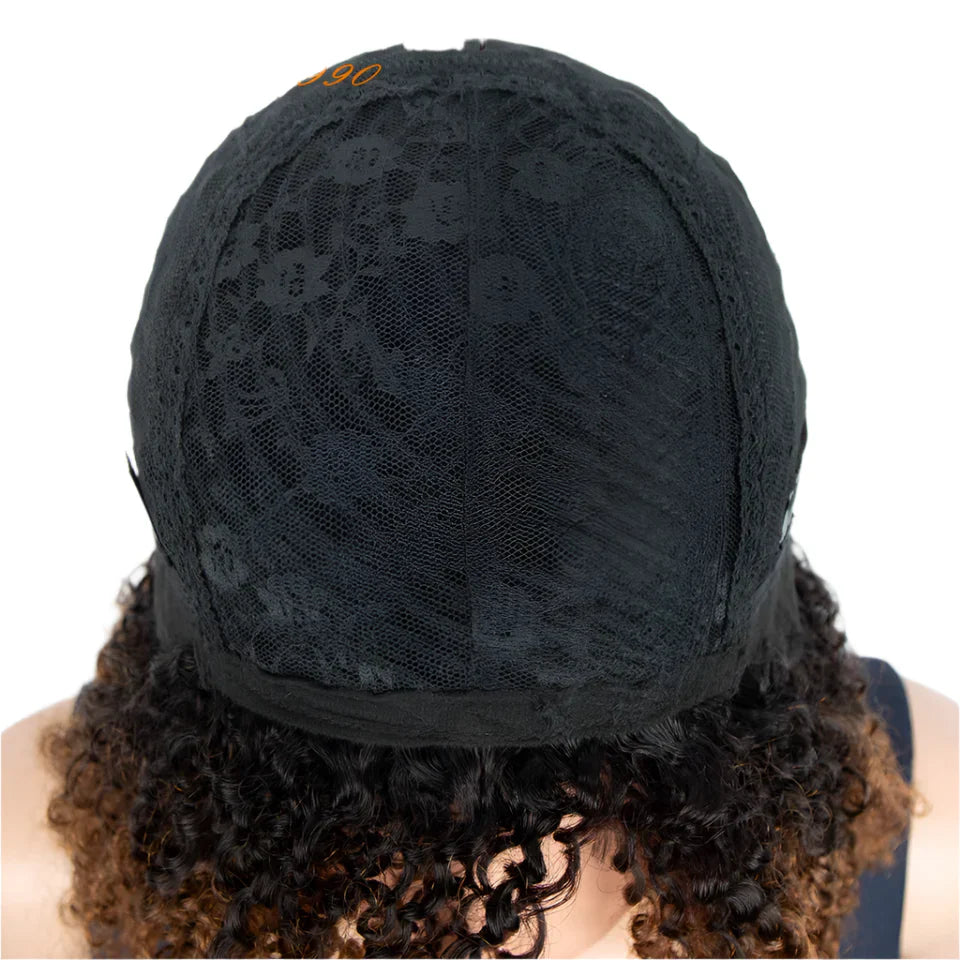 180% Density Honey Blonde Highlight Jerry Curly Pixie Bob Wig with Bangs