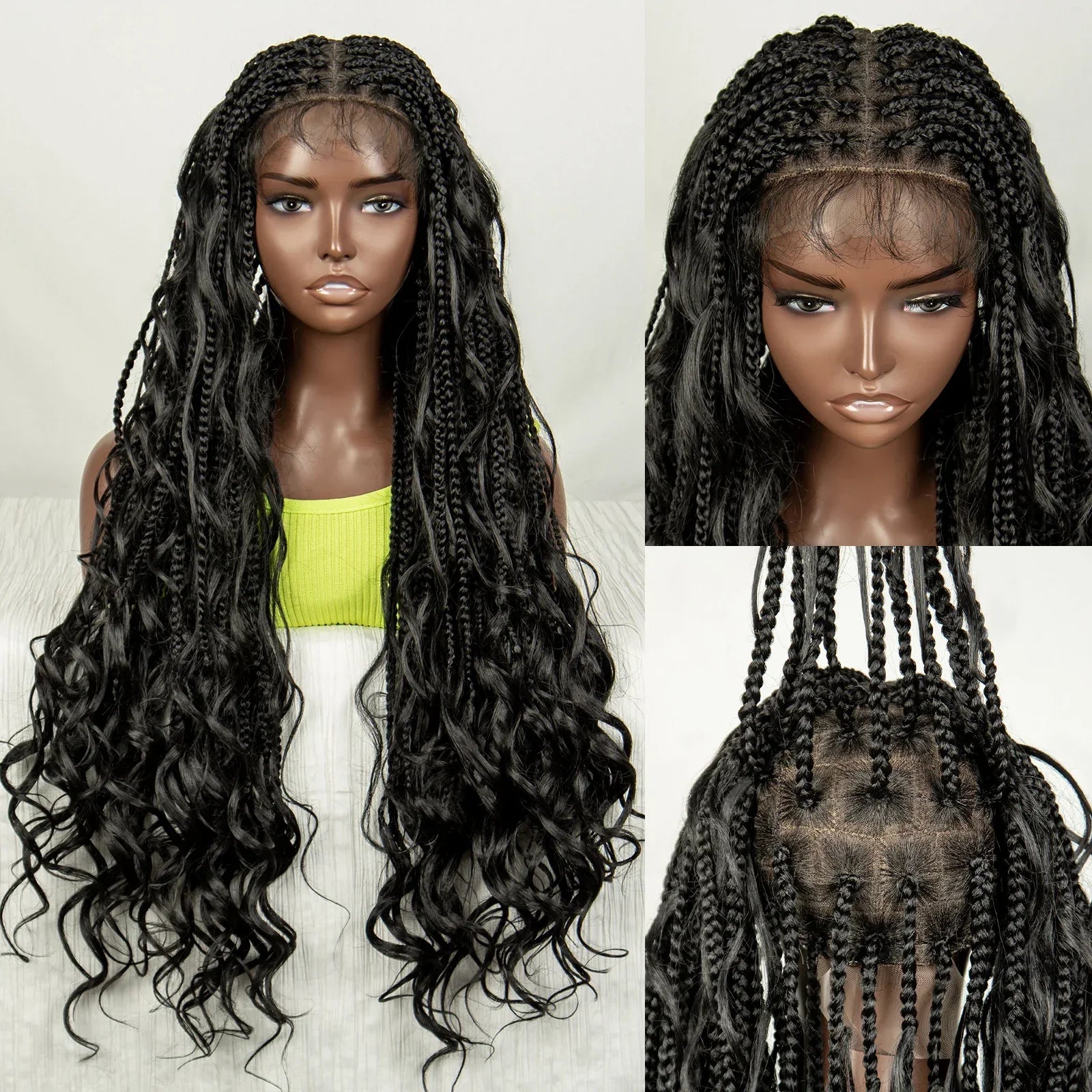 34" Natural Curly Knotless Box Braids Wig | Deep Wave Accents | Full Lace | Baby Hair