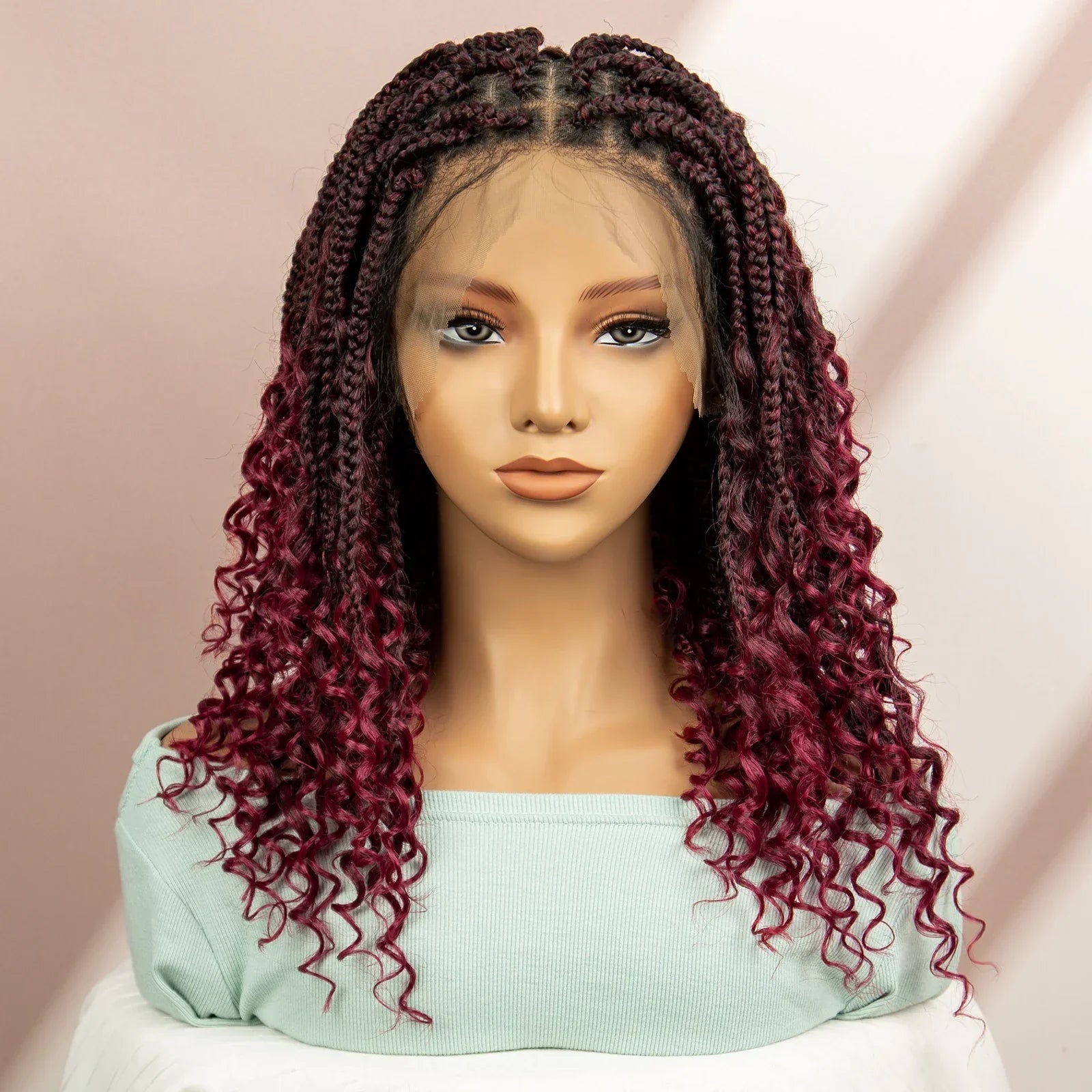 99J Burgundy Knotless Box Braids Wig with Curly Ends | Full Lace