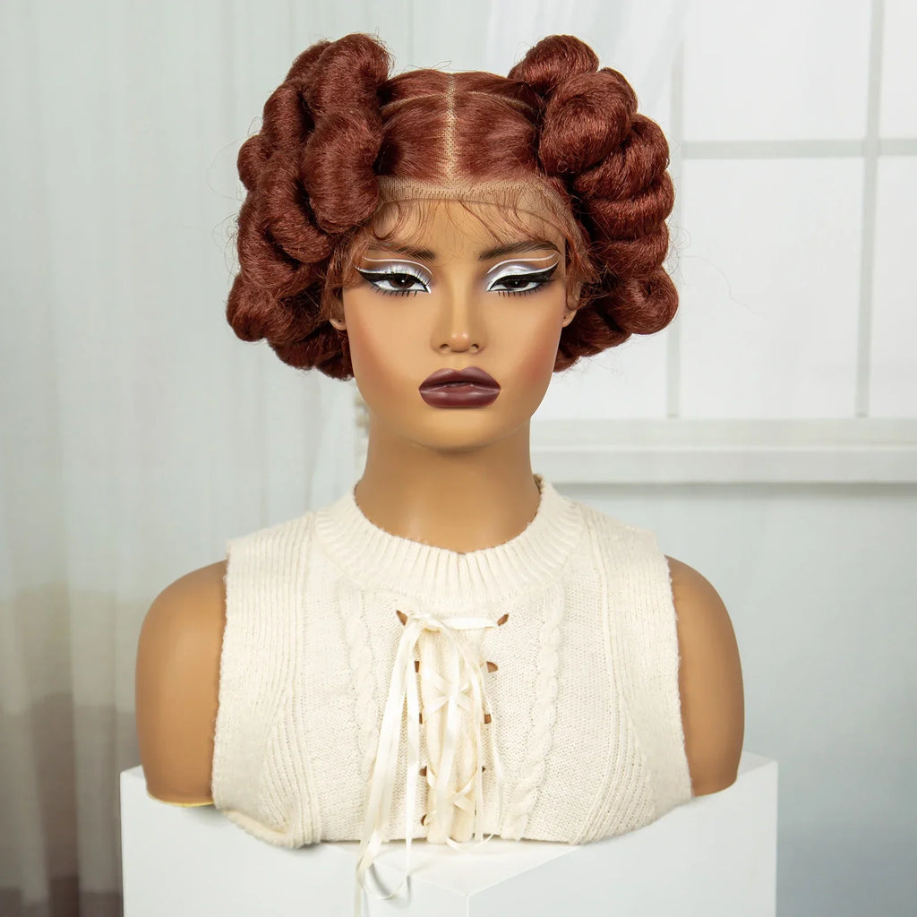 6" Short Cute Burgundy Bantu Knotless Braids Wig | Transparent Full Lace