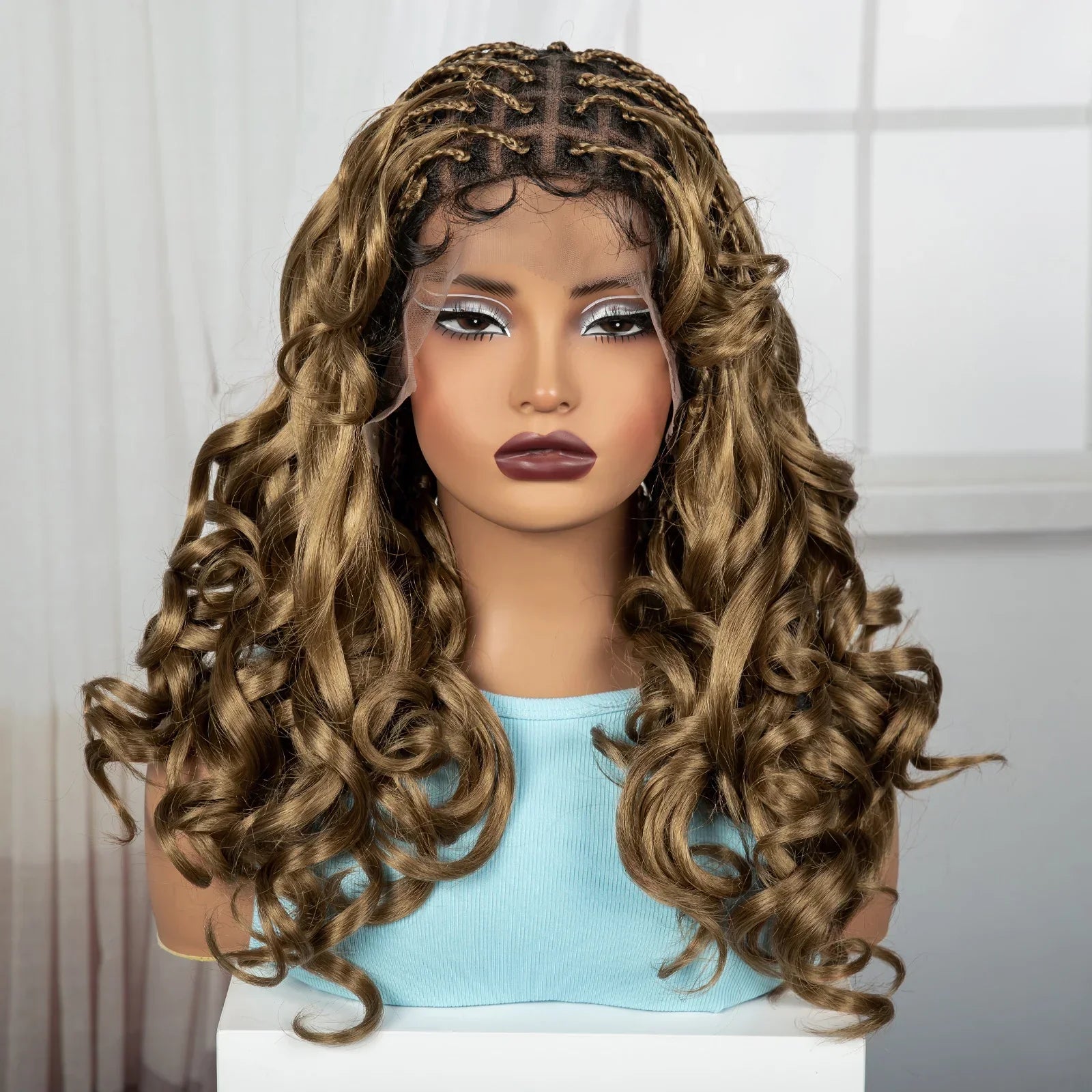 18" Bouncy Wavy Knotless Braids Wig | Full Lace | Bangs | Baby Hair