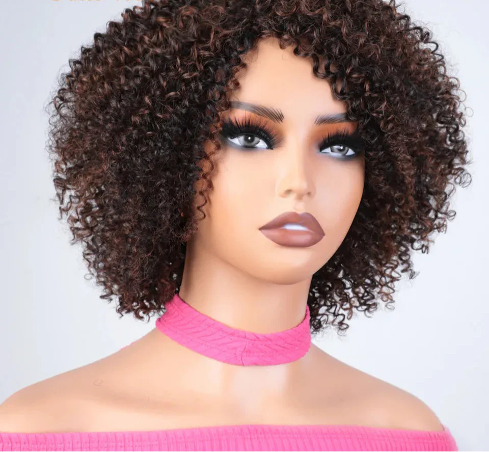 Afro Kinky Curly Black & Ombre T1B/30 Human Hair Wig | Brazilian Remy Machine Made Glueless Wigs for Women (Affordable)