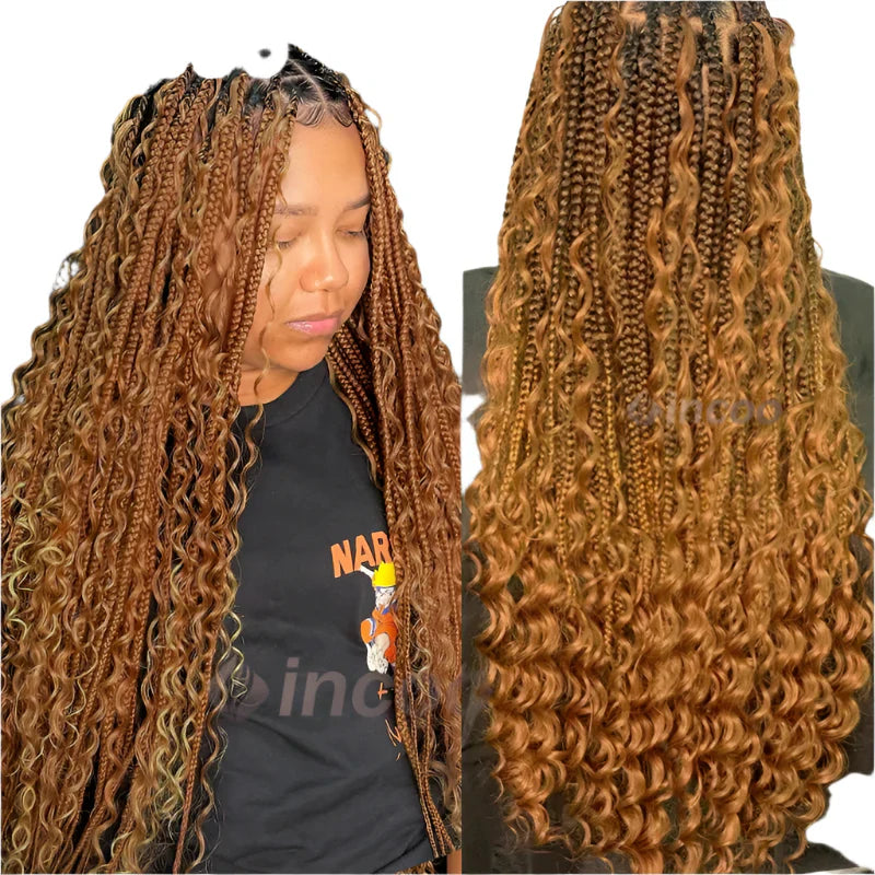 36" Bohemian Crochet Braided Wig | Full Lace | Blonde Goddess Locs & Box Braids | Curly Hair | Synthetic