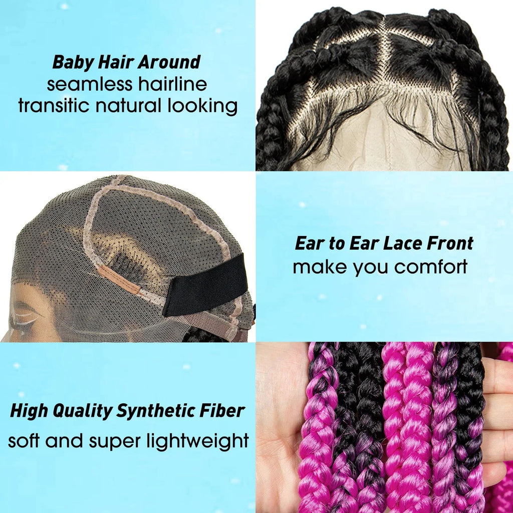 36" Purple Knotless Box Braids Wig | Transparent Full Lace | Baby Hair | Synthetic