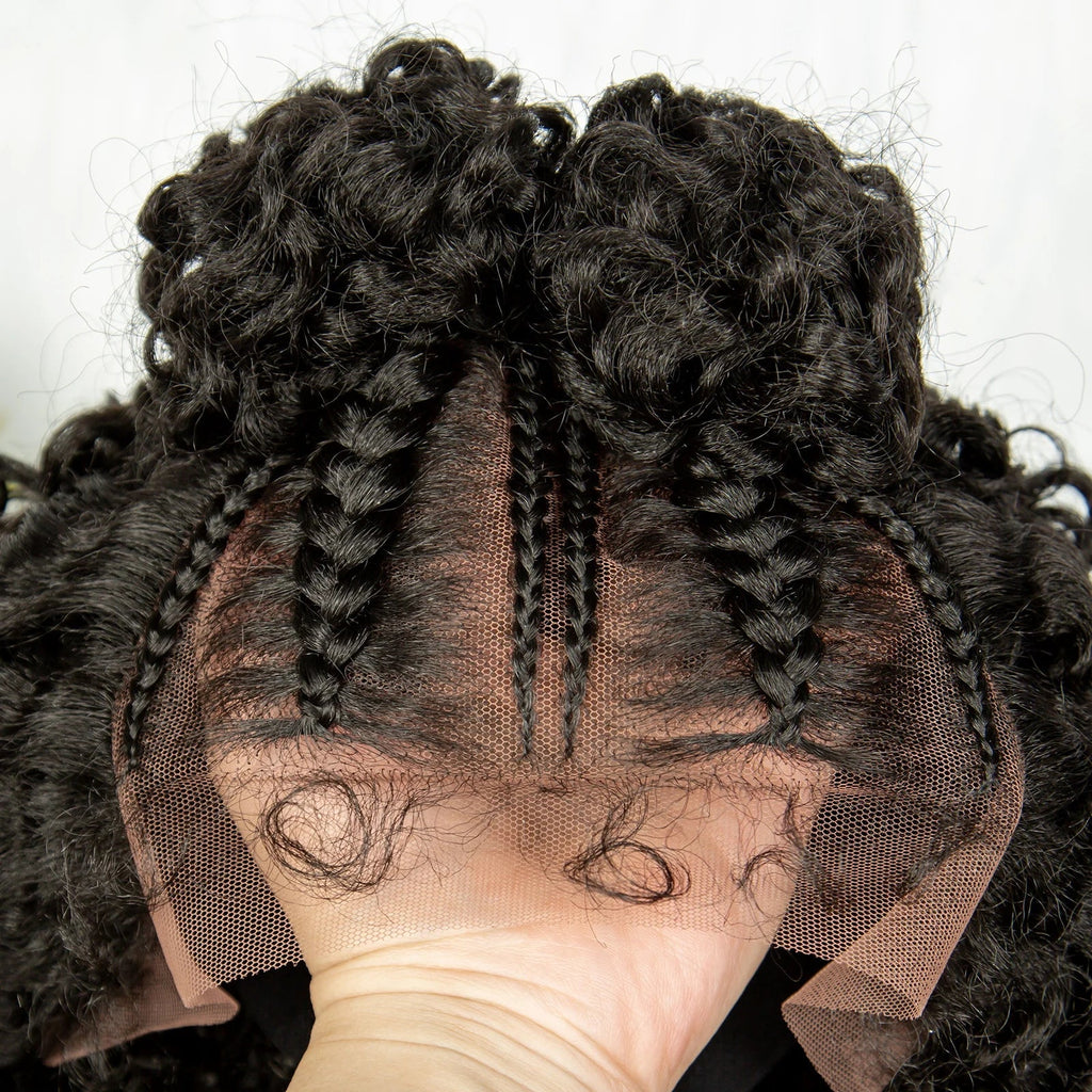 16" Kima Cornrow Twist Curly Bob Wig with Braided Top Knot Bun | 13x4 Lace Front Synthetic Hair