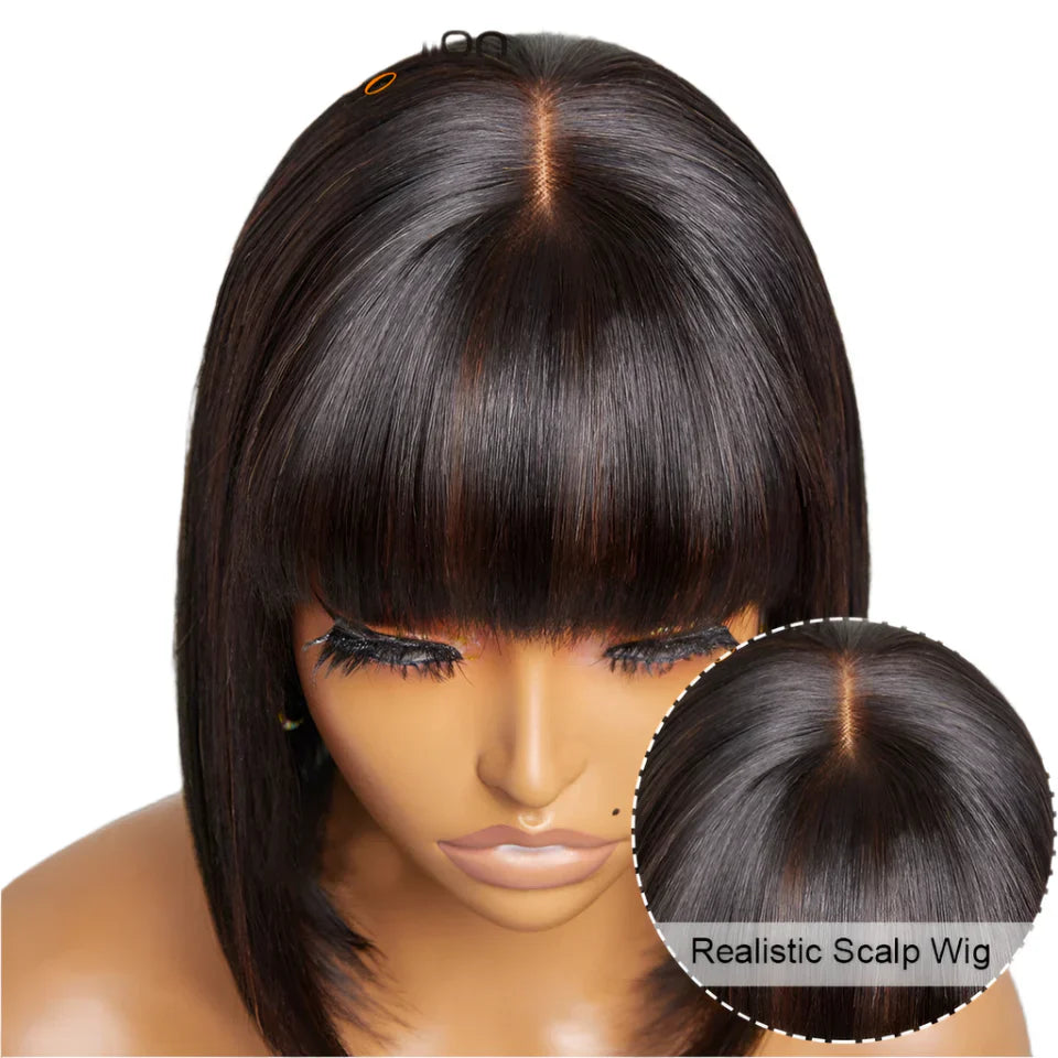 #27 Brown Straight Bob Wig with Bangs | Human Hair Lace Top & Realistic Scalp