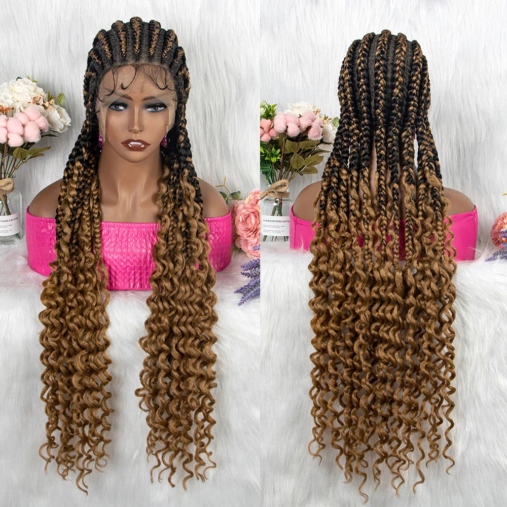 36" Cornrow Braids Wig with Curly Ends | Transparent Full Lace | Baby Hair
